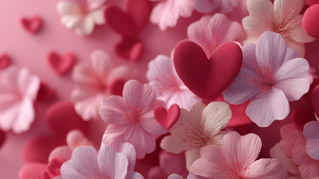 charming bouquet wallpaper, heart decorations, valentine flowers, background for desktop wallpaper (horizontal)