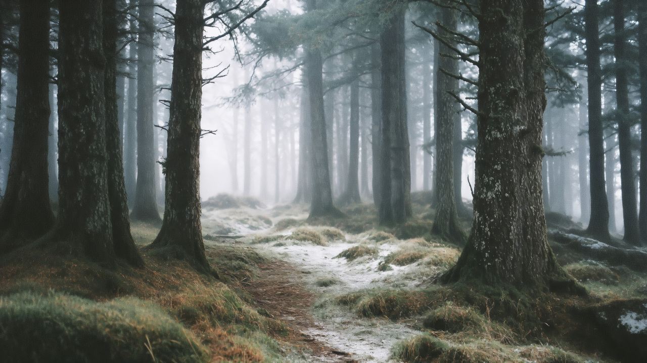 snowy woods wallpaper, haze, cold winter, background for desktop wallpaper (horizontal)