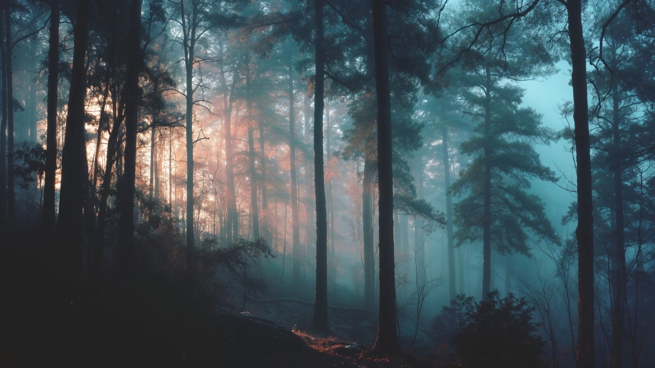 atmospheric landscape wallpaper, ethereal light, mystical woods, background for desktop wallpaper (horizontal)