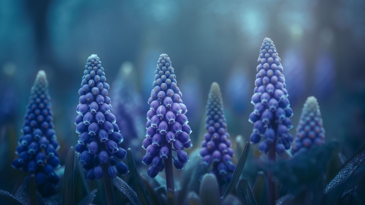 Muscari wallpaper, purple blooms, botanical, background for desktop wallpaper (horizontal)