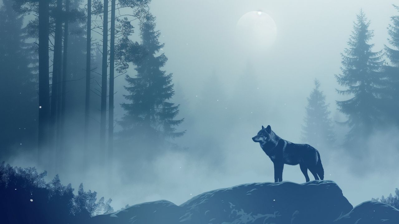 wolf wallpaper, snowy forest, winter landscape, background for desktop wallpaper (horizontal)