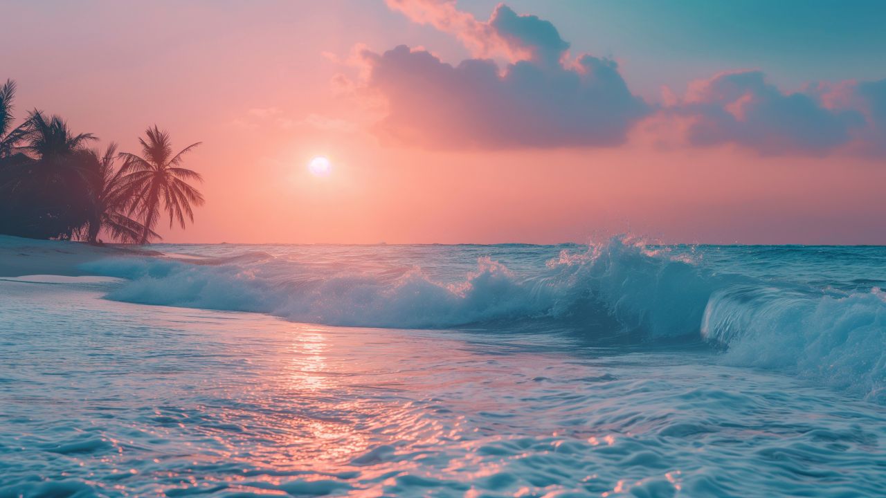 Wave wallpaper, palms, beach, background for desktop wallpaper (horizontal)