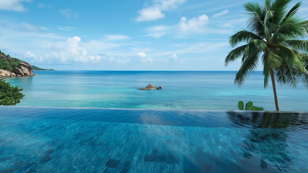 Infinity Pool wallpaper, Seychelles paradise, luxury vacation, background for desktop wallpaper (horizontal)