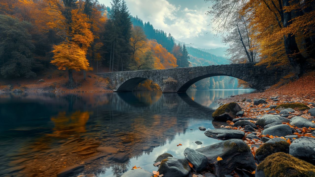 autumn forest wallpaper, rocks, bridge, background for desktop wallpaper (horizontal)