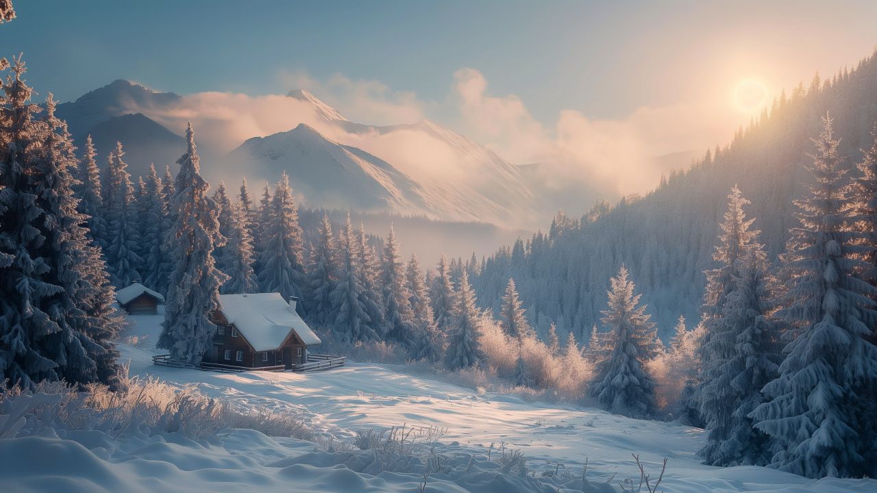 winter forest wallpaper, snow-covered house, serene atmosphere, background for desktop wallpaper (horizontal)