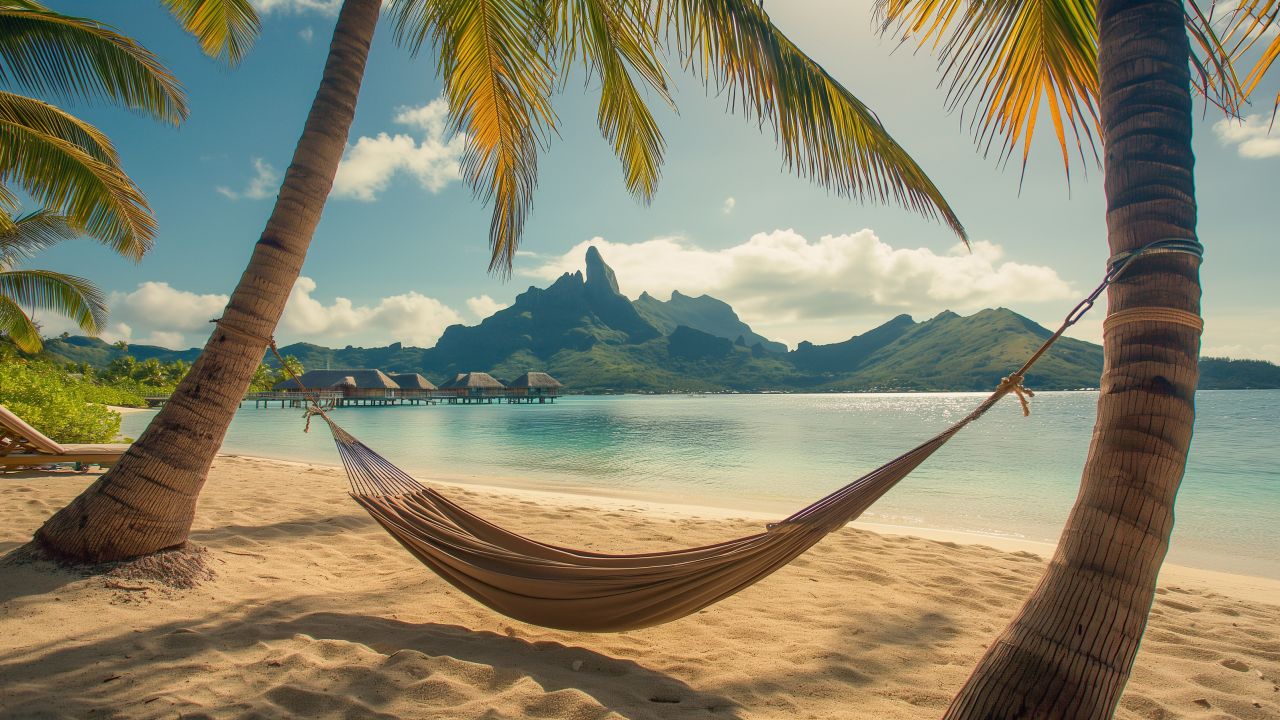 Bora Bora wallpaper, serene oasis, coconut palm shores, background for desktop wallpaper (horizontal)