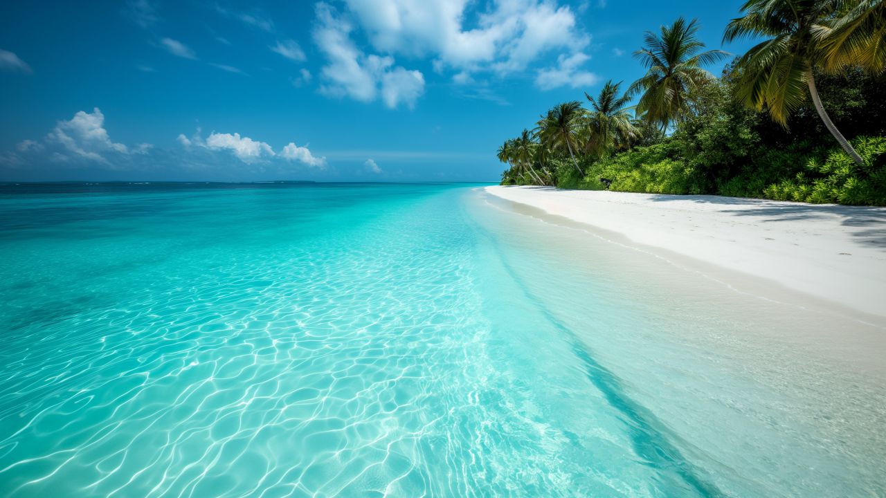 Maldives wallpaper, beach bungalow, palm trees, background for desktop wallpaper (horizontal)