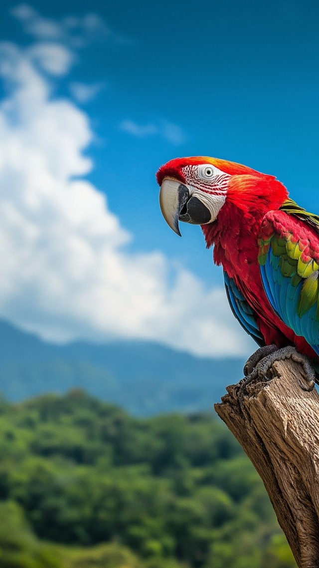 macaw parrot wallpaper, fluffy cloud, lush rainforest, background for mobile wallpaper (vertical)