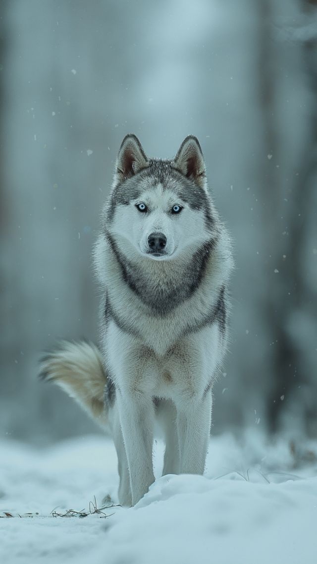 Huskies wallpaper, snow, forest, background for mobile wallpaper (vertical)
