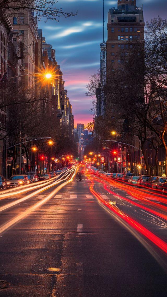 New York City wallpaper, vibrant streets, nighttime cityscape, background for mobile wallpaper (vertical)