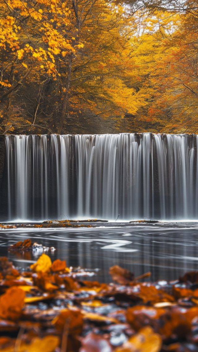 waterfall wallpaper, autumn colors, vibrant leaves, background for mobile wallpaper (vertical)