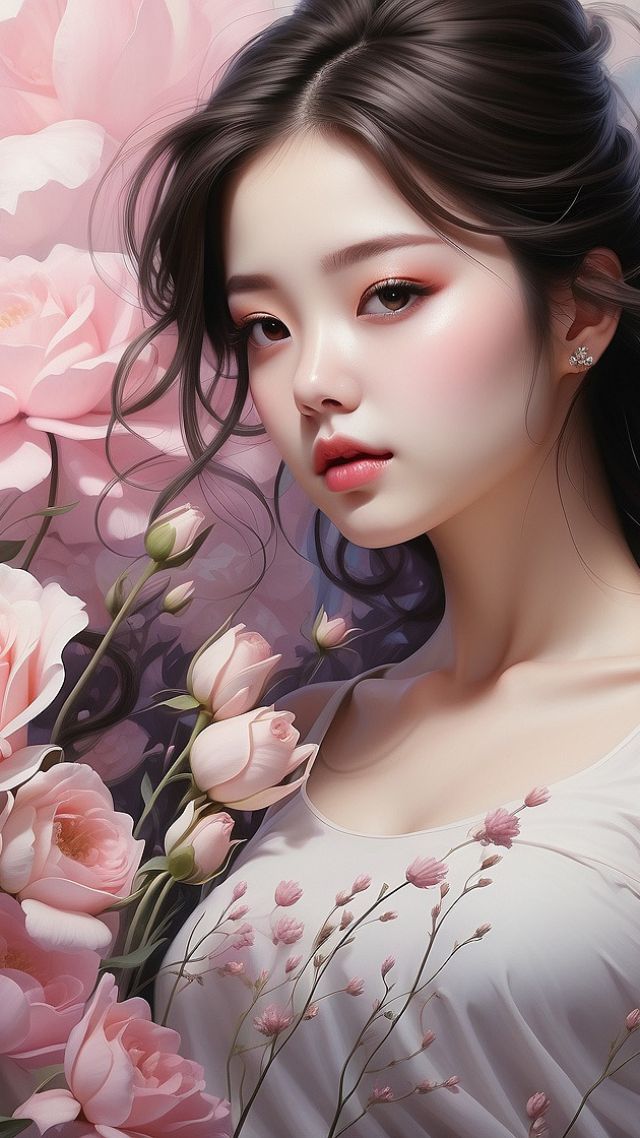anime girl wallpaper, pink roses, vibrant colors, background for mobile wallpaper (vertical)