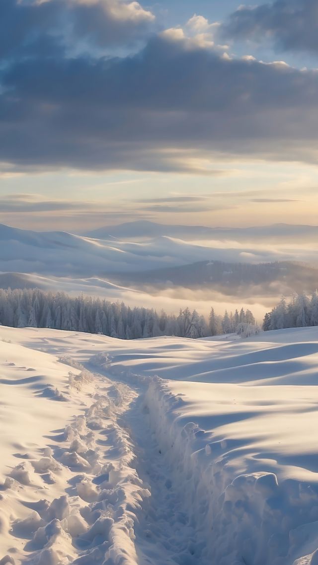 Windows 12 wallpaper, snowy forest, frosty landscape, background for mobile wallpaper (vertical)