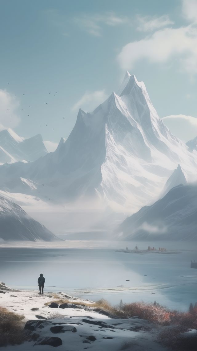 winter wallpaper, serene lake, frozen water, background for mobile wallpaper (vertical)