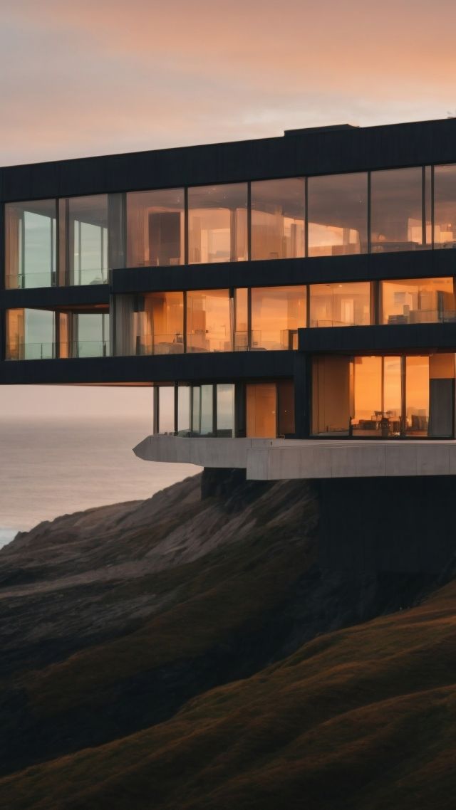 Modern house wallpaper, sunset sky, golden hour, background for mobile wallpaper (vertical)