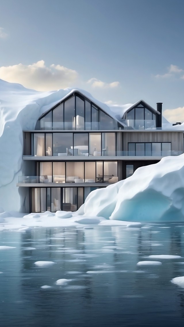 Modern House wallpaper, winter wonderland, minimalist design, background for mobile wallpaper (vertical)