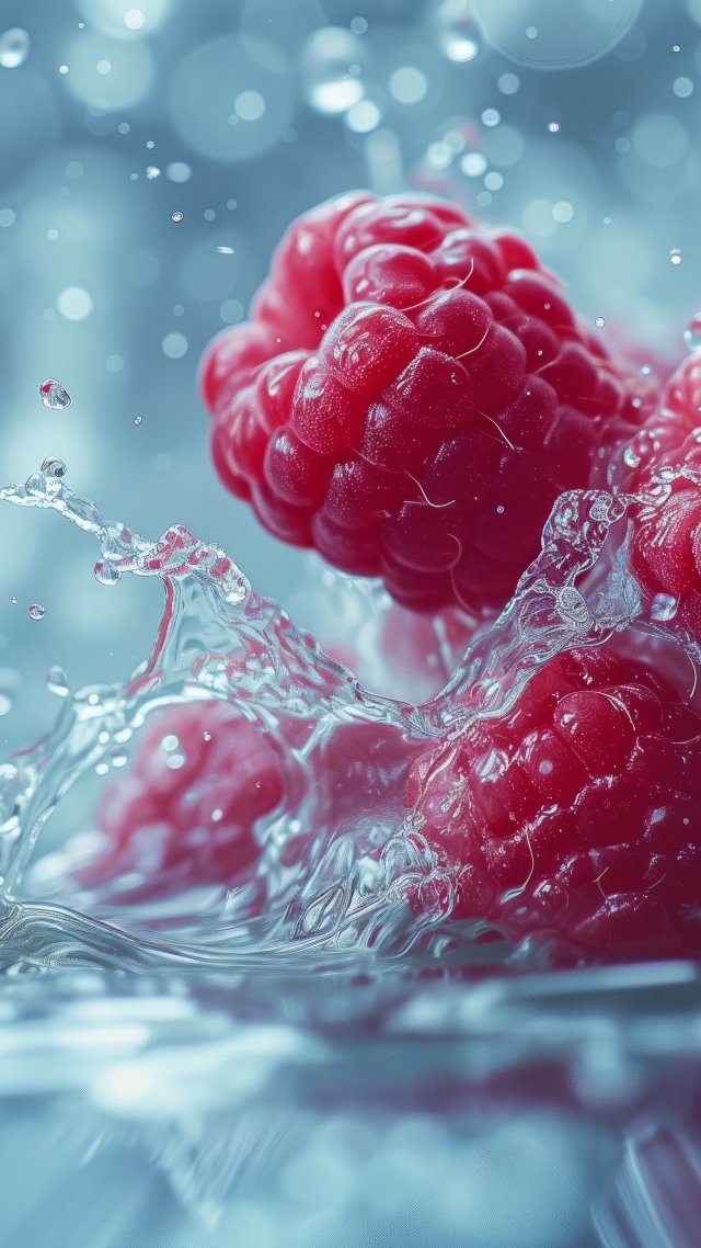 raspberry wallpaper, water droplets, berry, background for mobile wallpaper (vertical)
