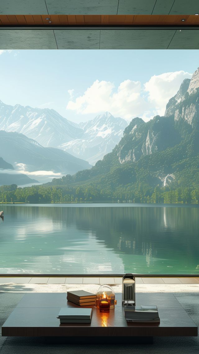 modern wallpaper, mountain view, natural elements, background for mobile wallpaper (vertical)