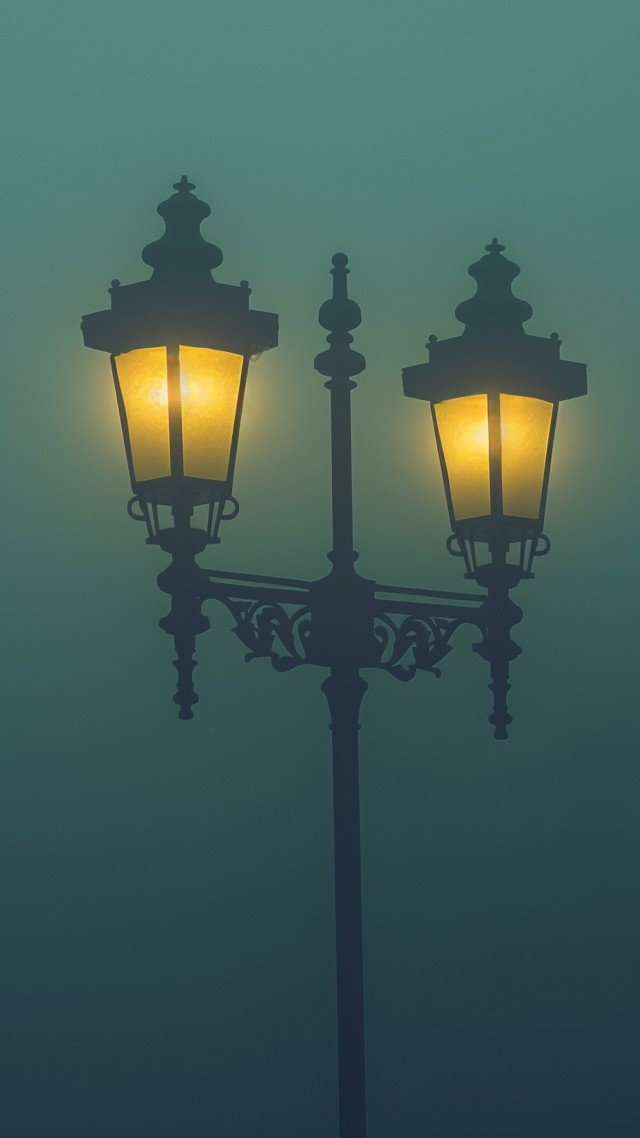 Street lamp in the fog wallpaper, misty atmosphere, nighttime haze, background for mobile wallpaper (vertical)