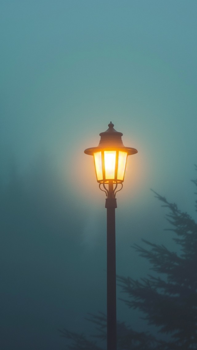 Street lamp in the fog wallpaper, soft light, urban scenery, background for mobile wallpaper (vertical)