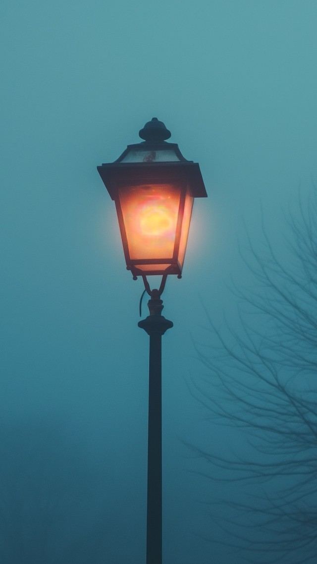 Street lamp in the fog wallpaper, soft glow, street illumination, background for mobile wallpaper (vertical)