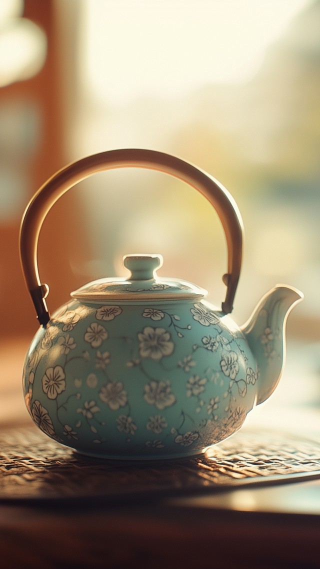 teapot wallpaper, serene art, antique style, background for mobile wallpaper (vertical)