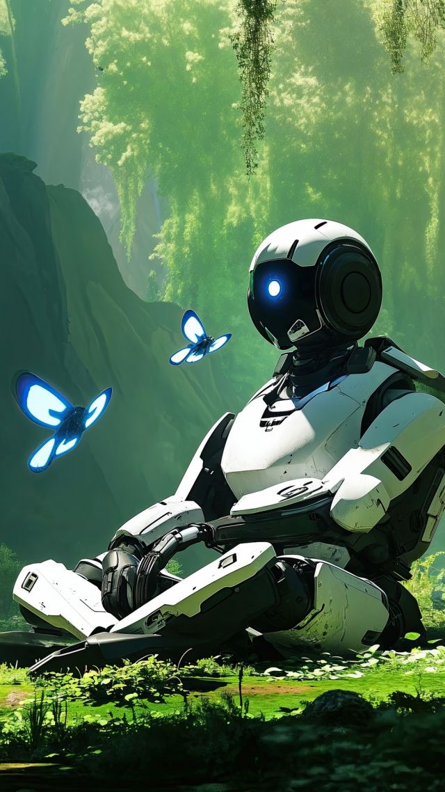Robot wallpaper, overgrown, untamed, background for mobile wallpaper (vertical)