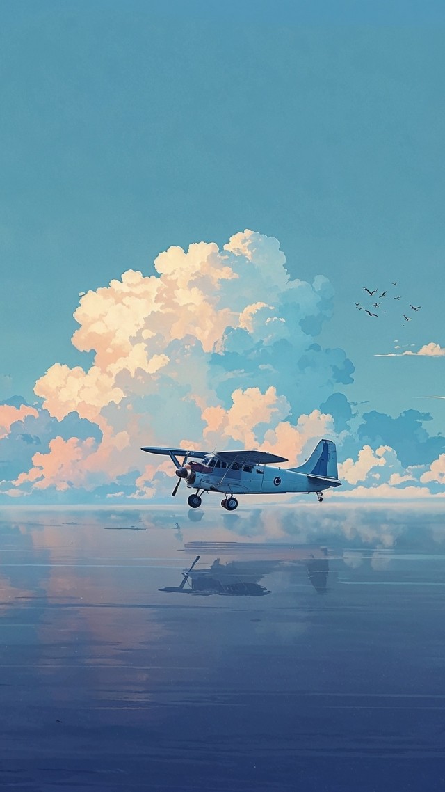 propeller plane wallpaper, uplifting, cloud-filled sky, background for mobile wallpaper (vertical)
