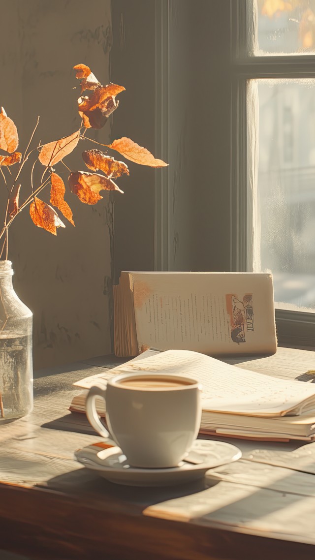 autumn wallpaper, cozy home, warm beverages, background for mobile wallpaper (vertical)