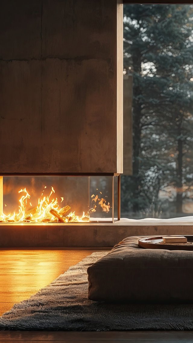 living room wallpaper, fireplace, seasonal comfort, background for mobile wallpaper (vertical)