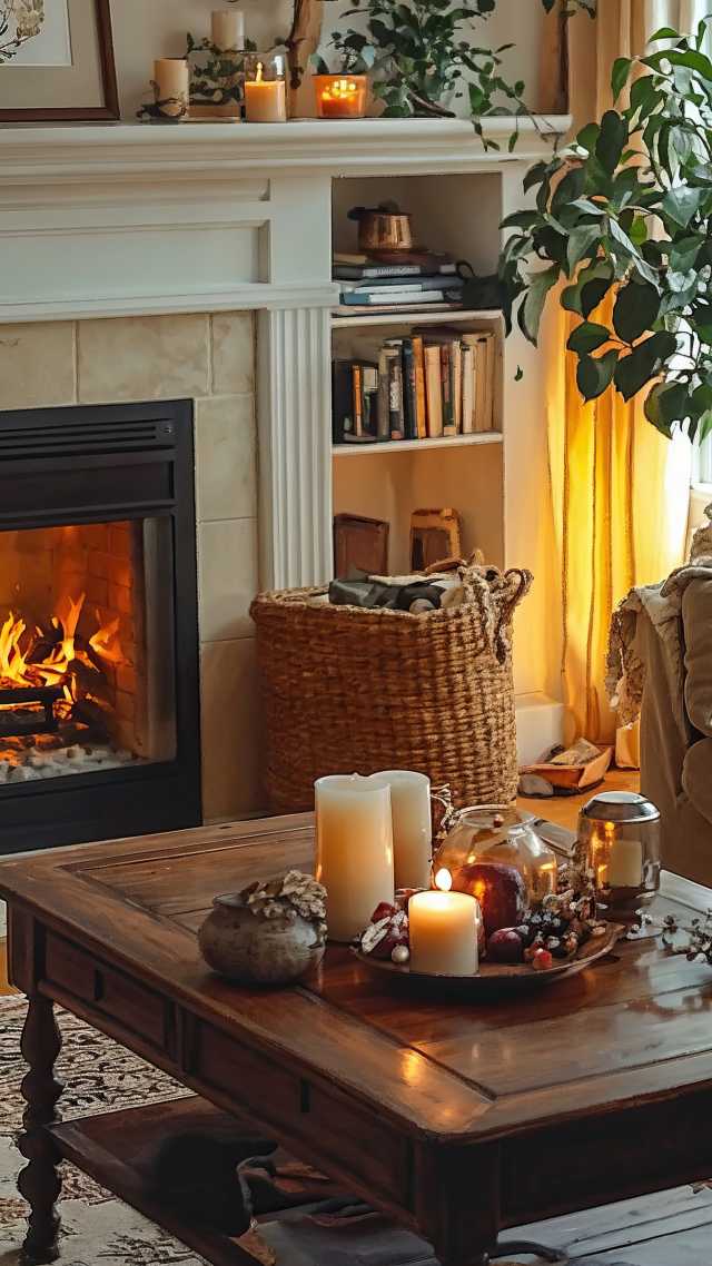 living room wallpaper, fireplace, seasonal comfort, background for mobile wallpaper (vertical)