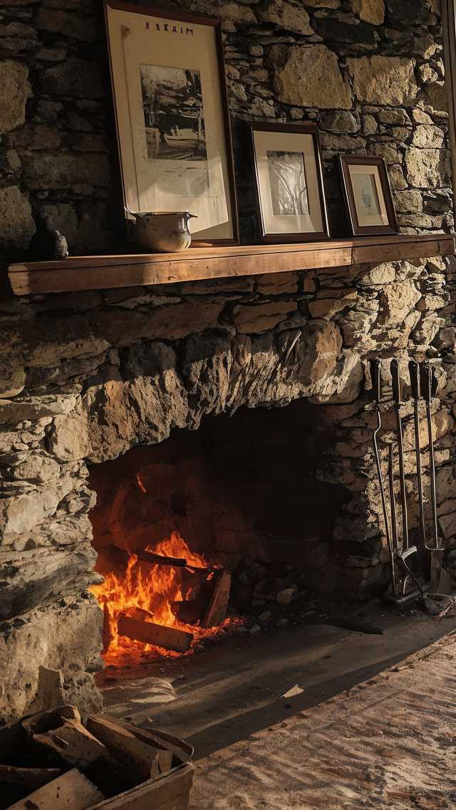 living room wallpaper, fireplace, rustic charm, background for mobile wallpaper (vertical)