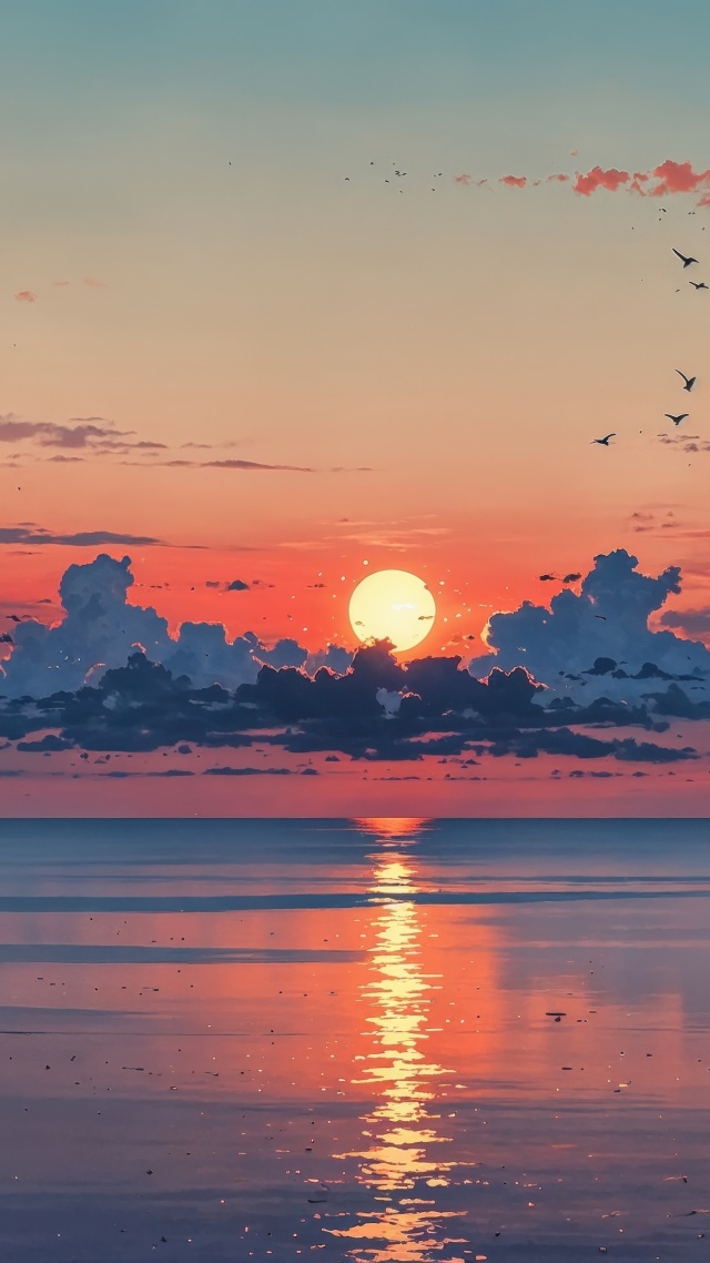 beach sunset wallpaper, ocean waves, twilight beach, background for mobile wallpaper (vertical)