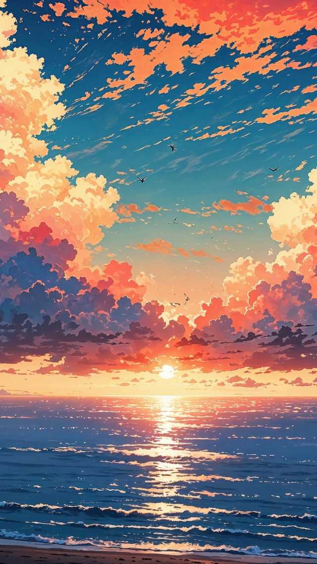sunset wallpaper wallpaper, colorful clouds, beach horizon, background for mobile wallpaper (vertical)