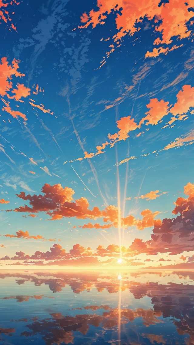 colorful sunset wallpaper, horizon view, coastal landscape, background for mobile wallpaper (vertical)