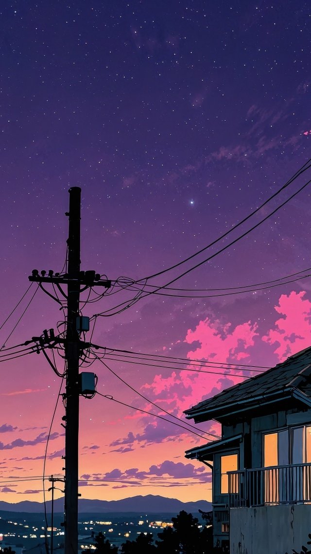 power line wallpaper, nighttime landscape, stars shining, background for mobile wallpaper (vertical)