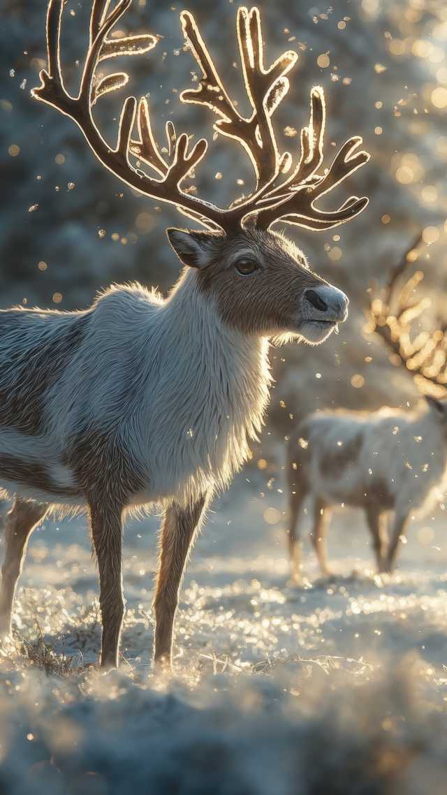 christmas reindeers wallpaper, snowy, festive decorations, background for mobile wallpaper (vertical)