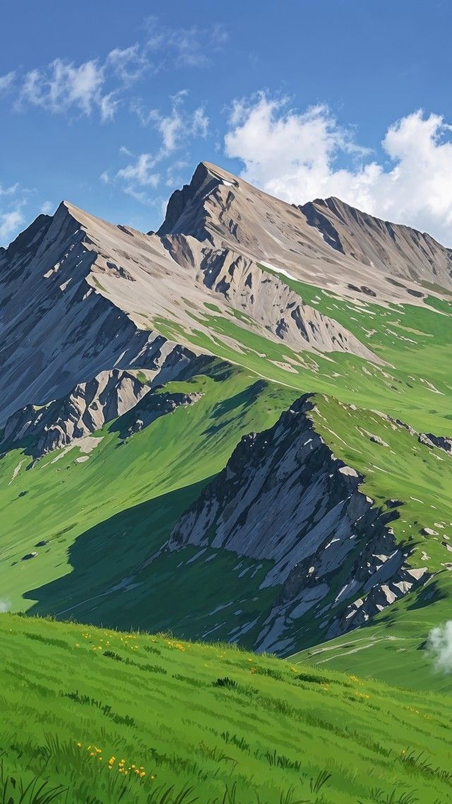 springtime wallpaper, green grass, blooming flowers, background for mobile wallpaper (vertical)