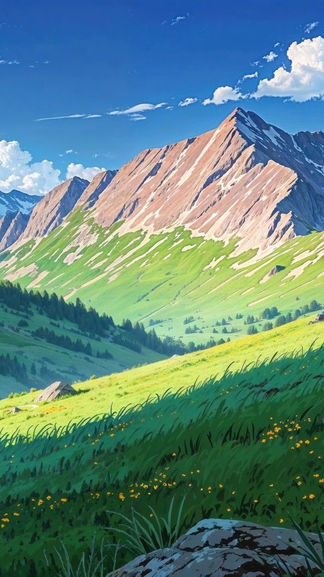 green hills wallpaper, fluffy clouds, blooming flowers, background for mobile wallpaper (vertical)