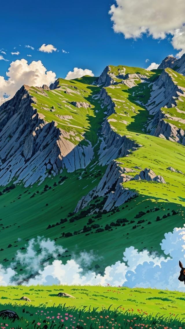 green hills wallpaper, fluffy clouds, springtime, background for mobile wallpaper (vertical)