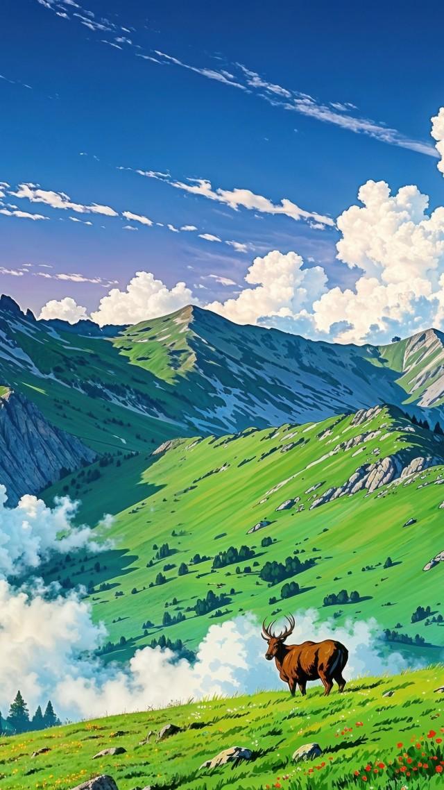 green hills wallpaper, springtime flowers, sunny meadows, background for mobile wallpaper (vertical)