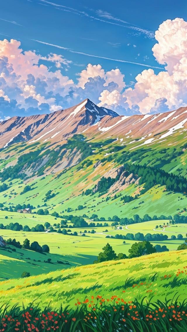 green hills wallpaper, blooming flowers, rolling meadows, background for mobile wallpaper (vertical)