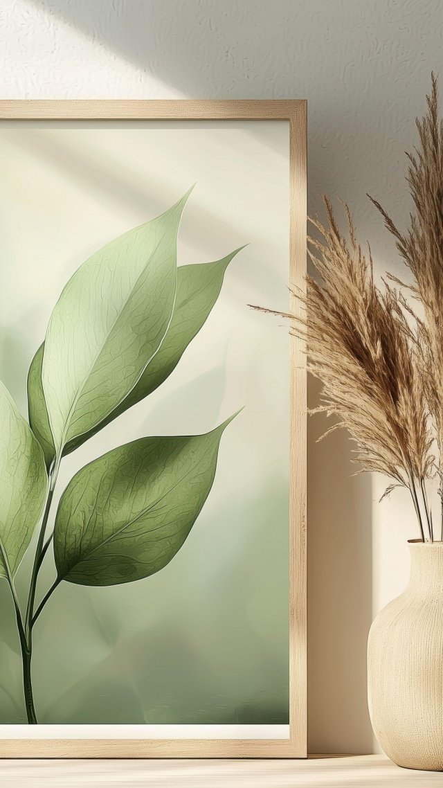 interior design wallpaper, green hue, sustainable living, background for mobile wallpaper (vertical)