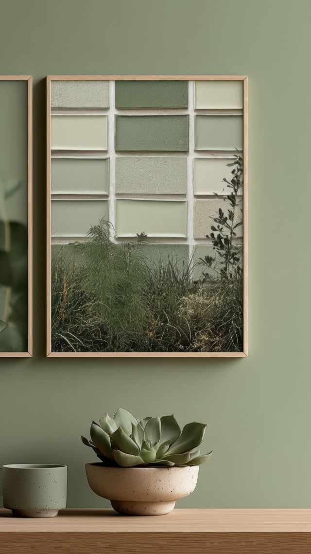 interior design wallpaper, green hue, sustainable living, background for mobile wallpaper (vertical)