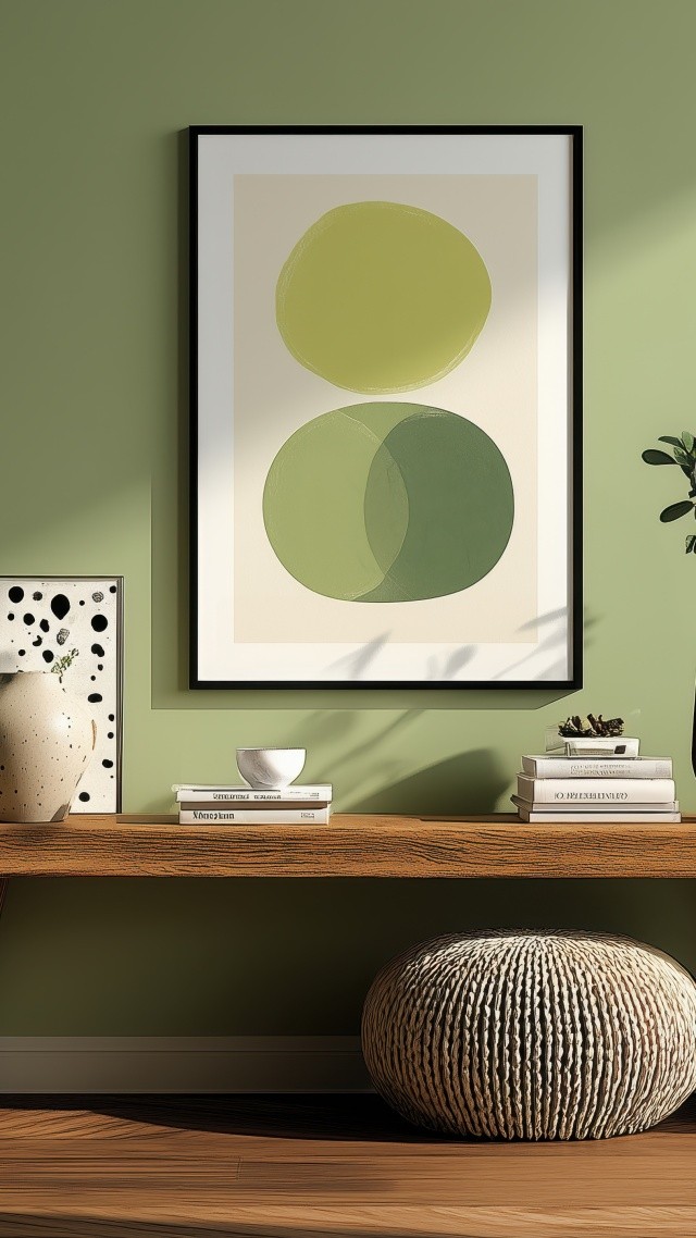 interior design wallpaper, green hue, eco-friendly decor, background for mobile wallpaper (vertical)