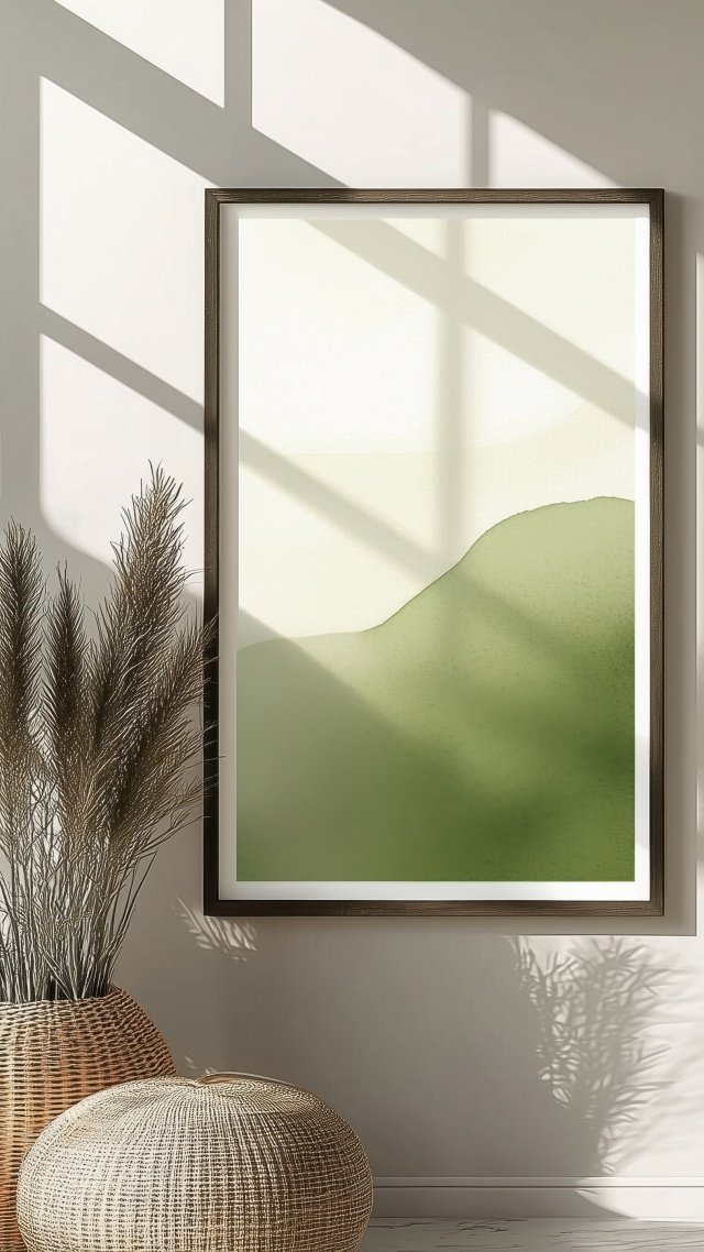 interior design wallpaper, green hue, calming color schemes, background for mobile wallpaper (vertical)