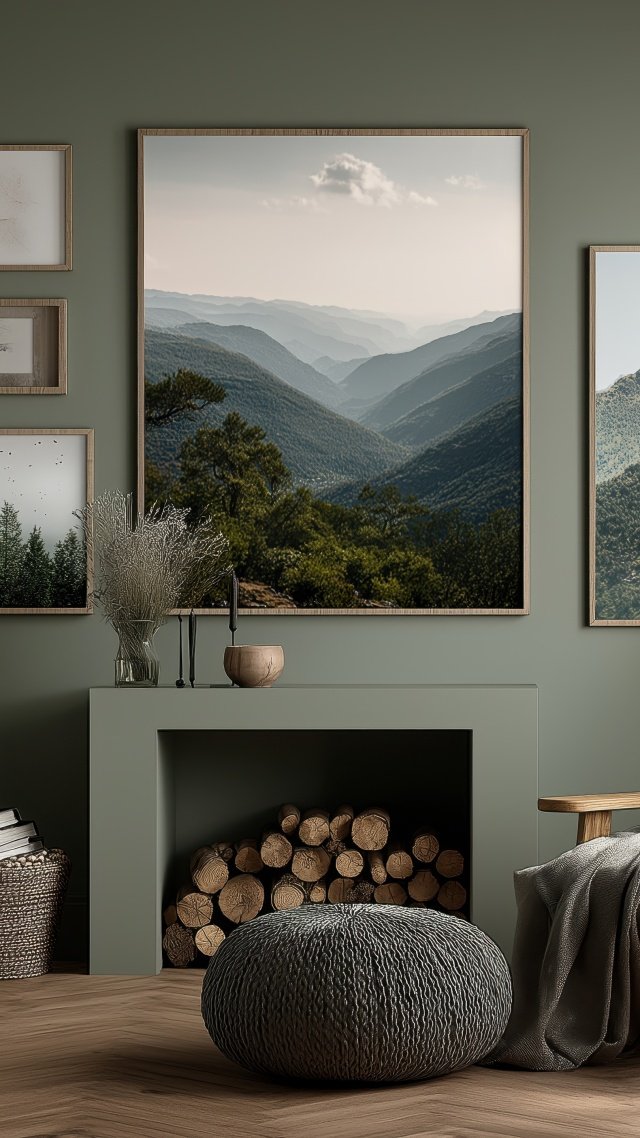 interior design wallpaper, green hue, sustainable interior design, background for mobile wallpaper (vertical)