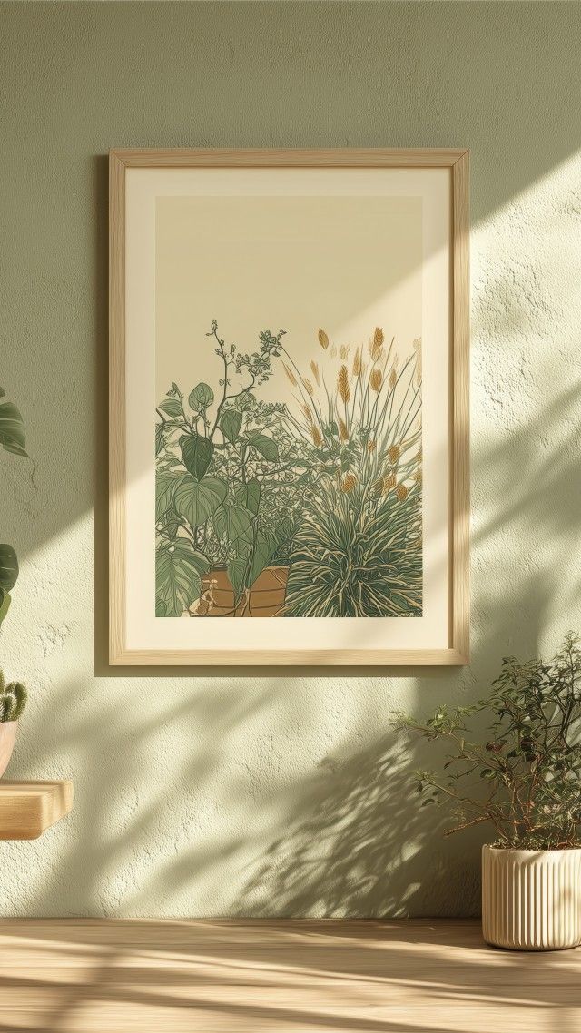 interior design wallpaper, green hue, lush foliage, background for mobile wallpaper (vertical)