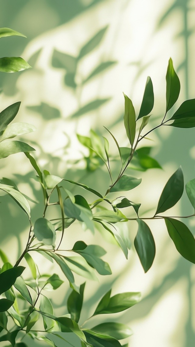 green hue wallpaper, biophilic design, indoor plants, background for mobile wallpaper (vertical)