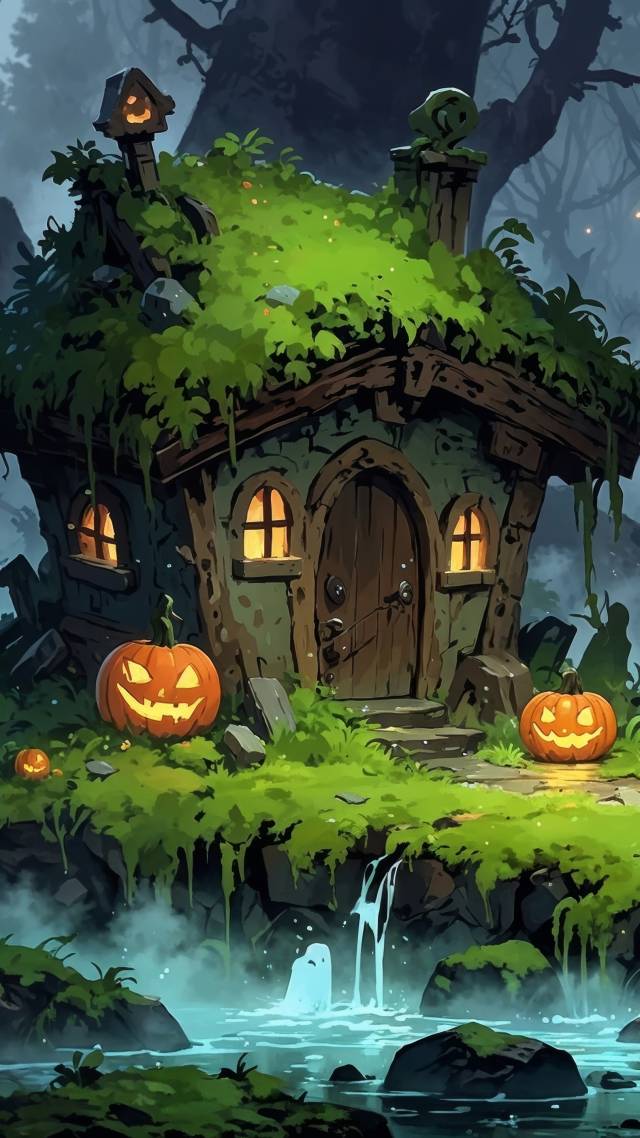 halloween ghosts wallpaper, foggy forest, enchanted woodland, background for mobile wallpaper (vertical)